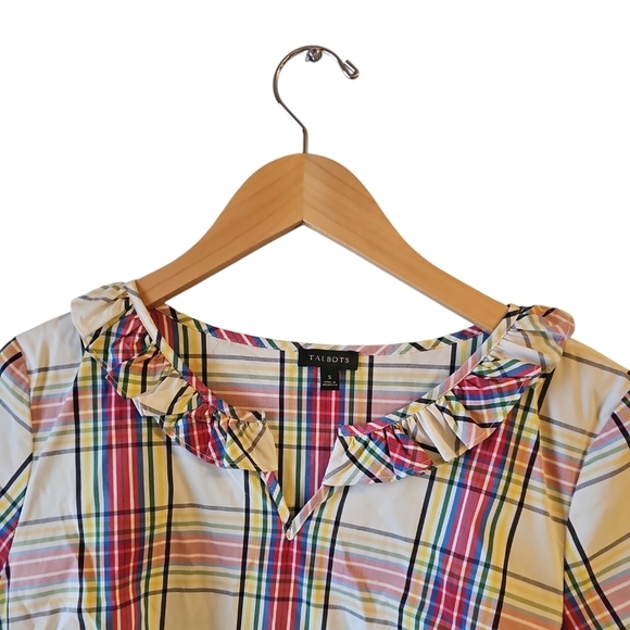 Talbots sz small plaid side zip ruffle collar plaid shirt flare sleeve WT310 - Picture 4 of 9
